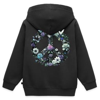 Fleurs de signe de paix, symbole de paix, signe de paix - Sweat Premium à capuche zippé enfant bio - noir - Dos - AI Model Kid Male (0cm)