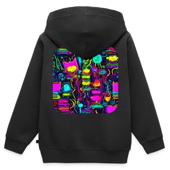 Néon Vintage Glow Style UV - Sweat Premium à capuche zippé enfant bio - noir - Dos - AI Model Kid Male (0cm)