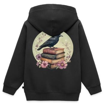 Rabe auf Bücherstapel - Kinder Premium Organic Zip Hoodie - Schwarz - Hinten - AI Model Kid Male (0cm)