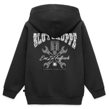BLUTGRUPPE - EnsZuFuffzsch - 1:50 Ostalgie DDR - Kinder Premium Organic Zip Hoodie - Schwarz - Hinten - AI Model Kid Male (0cm)