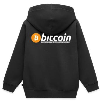 logo Bitcoin avec titre d'appel blanc - Sweat Premium à capuche zippé enfant bio - noir - Dos - AI Model Kid Male (0cm)
