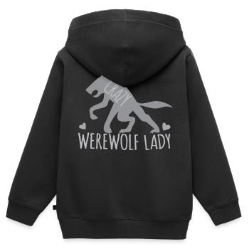 Verrückte Werwolfdame mit grauem gehendem Wolf - Kinder Premium Organic Zip Hoodie - Schwarz - Hinten - AI Model Kid Male (0cm)