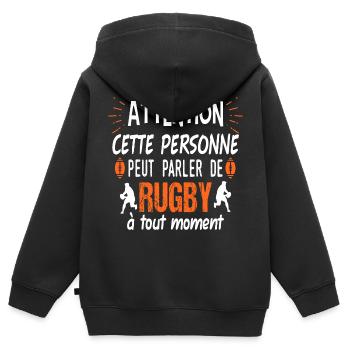 Attention cette personne peut parler de rugby - Sweat Premium à capuche zippé enfant bio - noir - Dos - AI Model Kid Male (0cm)