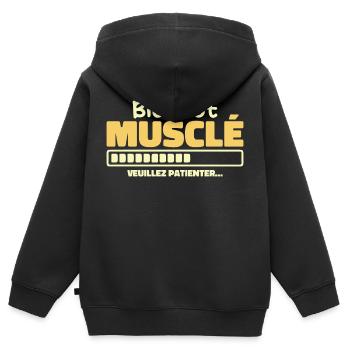 Bald muskulös - bitte warten - Kinder Premium Organic Zip Hoodie - Schwarz - Hinten - AI Model Kid Male (0cm)