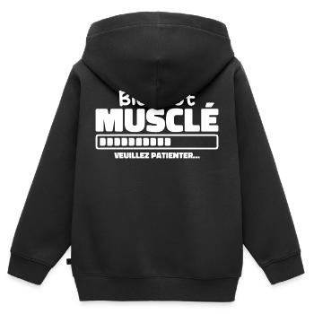 Bald muskulös - bitte warten - Kinder Premium Organic Zip Hoodie - Schwarz - Hinten - AI Model Kid Male (0cm)