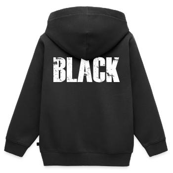 NOIR lettrage vintage en blanc - Sweat Premium à capuche zippé enfant bio - noir - Dos - AI Model Kid Male (0cm)