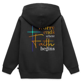 Worry ends - Kids Premium Organic Zip-up Hoodie - black - Back - AI Model Kid Male (0cm)