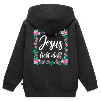 Jesus Liebt Dich - Kinder Premium Organic Zip Hoodie - Schwarz - Hinten - AI Model Kid Male (0cm)