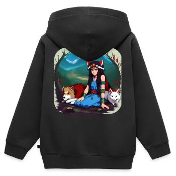 Fille d’anime avec renard et chien - Sweat Premium à capuche zippé enfant bio - noir - Dos - AI Model Kid Male (0cm)