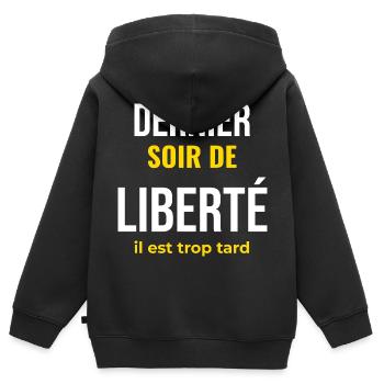 Dernier Soir de Liberté — EVG Humour - Sweat Premium à capuche zippé enfant bio - noir - Dos - AI Model Kid Male (0cm)