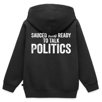 Mit Soße und bereit, über Politik zu sprechen - Kinder Premium Organic Zip Hoodie - Schwarz - Hinten - AI Model Kid Male (0cm)