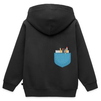 Pocket filled with notebook, pen and pencils - Kids Premium Organic Zip-up Hoodie - black - Back - AI Model Kid Male (0cm)