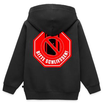 Tuer schliessen bitte | Tür schließen bitte - Kinder Premium Organic Zip Hoodie - Schwarz - Hinten - AI Model Kid Male (0cm)