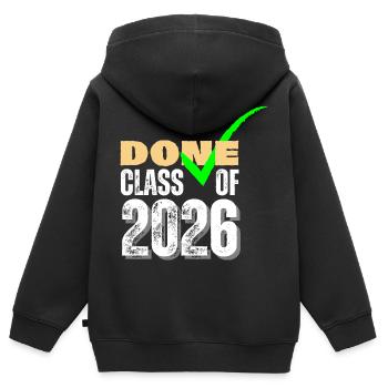 Coche de fin d’études de la promotion 2026 terminée - Sweat Premium à capuche zippé enfant bio - noir - Dos - AI Model Kid Male (0cm)