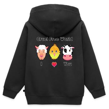 Cruel Free World - monde végétalien sans horreur - Sweat Premium à capuche zippé enfant bio - noir - Dos - AI Model Kid Male (0cm)