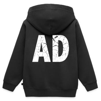 Distressed Vintage AD inscription publicité - Sweat Premium à capuche zippé enfant bio - noir - Dos - AI Model Kid Male (0cm)