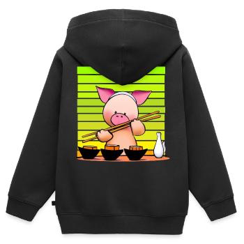 Schwein versucht Sushi mit Stäbchen - Kinder Premium Organic Zip Hoodie - Schwarz - Hinten - AI Model Kid Male (0cm)