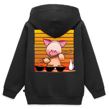 Schwein versucht Sushi mit Stäbchen - Kinder Premium Organic Zip Hoodie - Schwarz - Hinten - AI Model Kid Male (0cm)