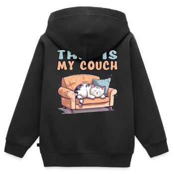 Chat Canapé Canapé Drôle Humour Dessin animé typique - Sweat Premium à capuche zippé enfant bio - noir - Dos - AI Model Kid Male (0cm)