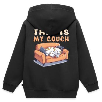 Chat Canapé Canapé Drôle Humour Dessin animé typique - Sweat Premium à capuche zippé enfant bio - noir - Dos - AI Model Kid Male (0cm)