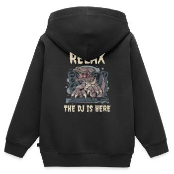 DJ Disc Jockey DJing Techno Club Dino T-Rex - Sweat Premium à capuche zippé enfant bio - noir - Dos - AI Model Kid Male (0cm)