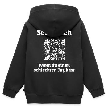 QR-Code mit freundlicher Botschaft (Scanne Mich) - Kinder Premium Organic Zip Hoodie - Schwarz - Hinten - AI Model Kid Male (0cm)