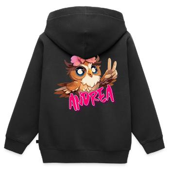 ANDREA - Beau nom de fille avec un hibou mignon - Sweat Premium à capuche zippé enfant bio - noir - Dos - AI Model Kid Male (0cm)