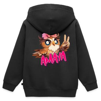AMAYA - Beautiful girl name with cute OWL - Kids Premium Organic Zip-up Hoodie - black - Back - AI Model Kid Male (0cm)