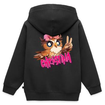 CHRISTINA - Beau nom de fille avec un hibou mignon - Sweat Premium à capuche zippé enfant bio - noir - Dos - AI Model Kid Male (0cm)