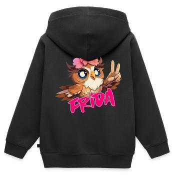F R I D A - Beau nom de fille avec un hibou mignon - Sweat Premium à capuche zippé enfant bio - noir - Dos - AI Model Kid Male (0cm)