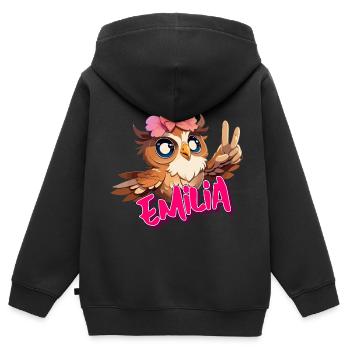 EMILIA - Beau nom de fille avec hibou mignon - Sweat Premium à capuche zippé enfant bio - noir - Dos - AI Model Kid Male (0cm)