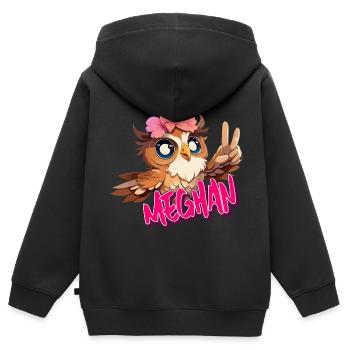 MEGHAN - Beau nom de fille avec un hibou mignon - Sweat Premium à capuche zippé enfant bio - noir - Dos - AI Model Kid Male (0cm)