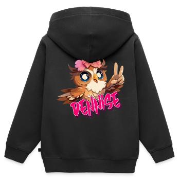 DENNISE - Beau nom de fille avec un joli hibou - Sweat Premium à capuche zippé enfant bio - noir - Dos - AI Model Kid Male (0cm)