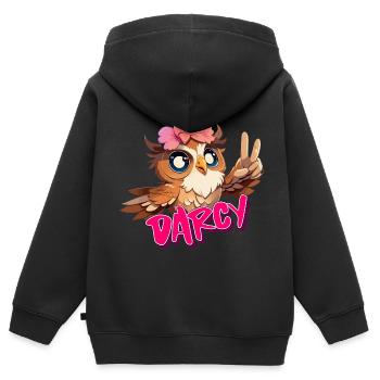 DARCY - Beautiful girl name with cute OWL - Kids Premium Organic Zip-up Hoodie - black - Back - AI Model Kid Male (0cm)