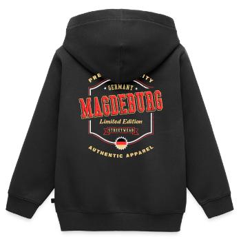 Magdebourg Allemagne City Font Vintage Retro - Sweat Premium à capuche zippé enfant bio - noir - Dos - AI Model Kid Male (0cm)