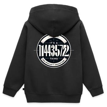 1443572 badge d’identité exclusif - Sweat Premium à capuche zippé enfant bio - noir - Dos - AI Model Kid Male (0cm)
