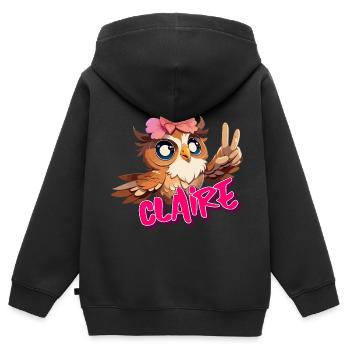 CLAIRE - Beau nom de fille avec hibou mignon - Sweat Premium à capuche zippé enfant bio - noir - Dos - AI Model Kid Male (0cm)