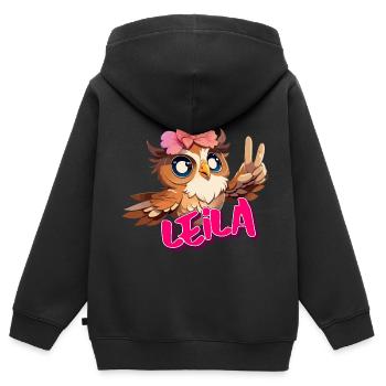 LEILA - Beau nom de fille avec un hibou mignon - Sweat Premium à capuche zippé enfant bio - noir - Dos - AI Model Kid Male (0cm)