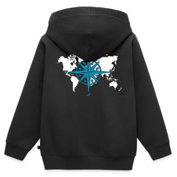 Windrose oder Kompassrose mit weißer Weltkarte - Kinder Premium Organic Zip Hoodie - Schwarz - Hinten - AI Model Kid Male (0cm)