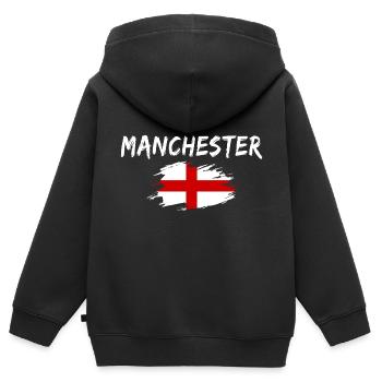 Manchester, Angleterre - Sweat Premium à capuche zippé enfant bio - noir - Dos - AI Model Kid Male (0cm)