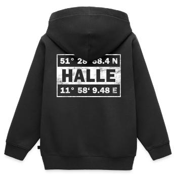 Halle Koordinaten - Kinder Premium Organic Zip Hoodie - Schwarz - Hinten - AI Model Kid Male (0cm)