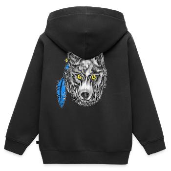 Grauer Wolf mit gelben Augen und Ohrring - Kinder Premium Organic Zip Hoodie - Schwarz - Hinten - AI Model Kid Male (0cm)