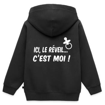 Ici, le réveil c'est moi ! bébé lolette - Sweat Premium à capuche zippé enfant bio - noir - Dos - AI Model Kid Male (0cm)