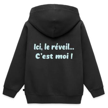 Ici, le réveil c'est moi ! - Sweat Premium à capuche zippé enfant bio - noir - Dos - AI Model Kid Male (0cm)