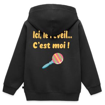Ici le réveil c'est moi ! - Sweat Premium à capuche zippé enfant bio - noir - Dos - AI Model Kid Male (0cm)