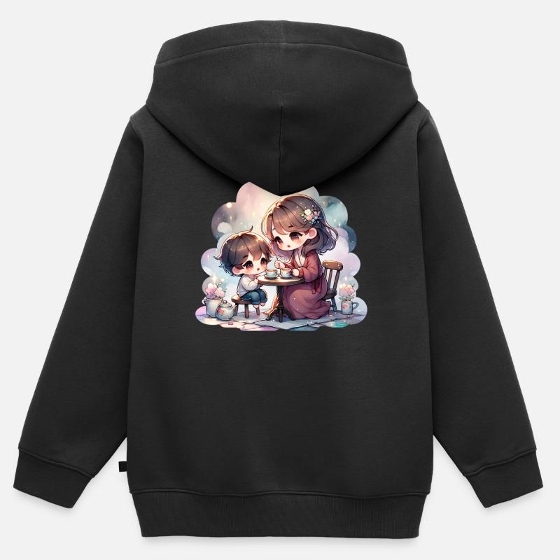 Mutter und Sohn genießen eine gemütliche Teeparty - Kinder Premium Organic Zip Hoodie - Schwarz