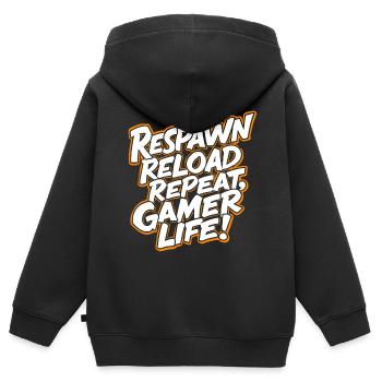 RESPAWNEN, NACHLADEN, WIEDERHOLEN. GAMER LEBEN - Kinder Premium Organic Zip Hoodie - Schwarz - Hinten - AI Model Kid Male (0cm)