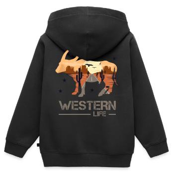 un film western - Sweat Premium à capuche zippé enfant bio - noir - Dos - AI Model Kid Male (0cm)
