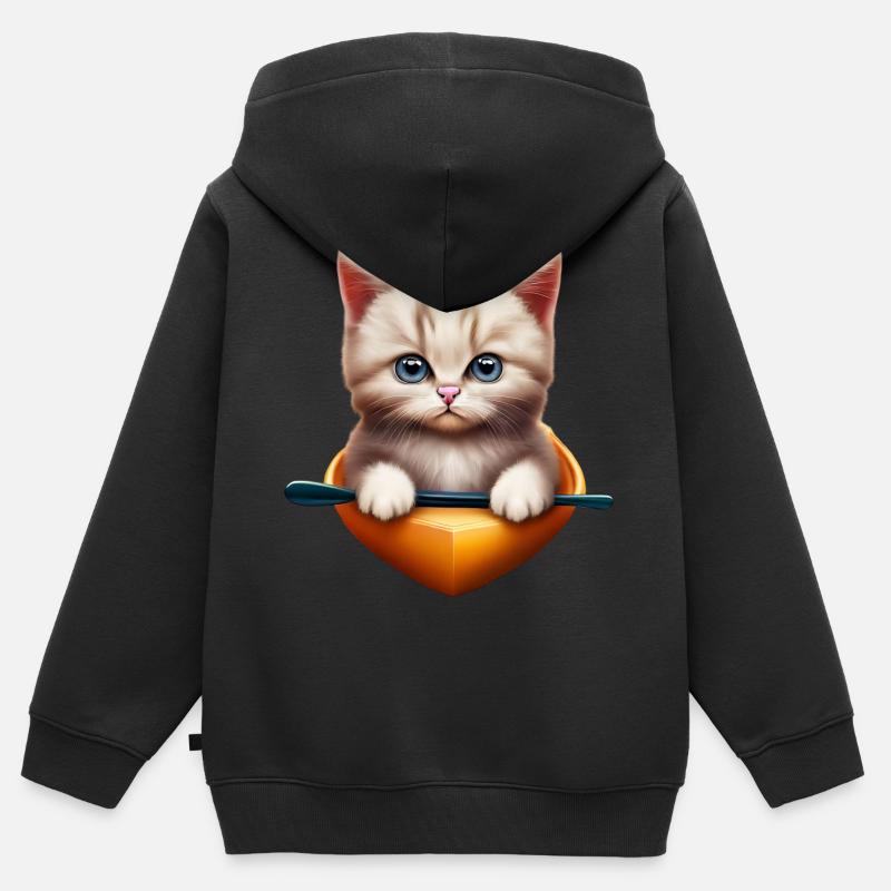 Chat mignon en kayak - Sweat Premium à capuche zippé enfant bio - noir