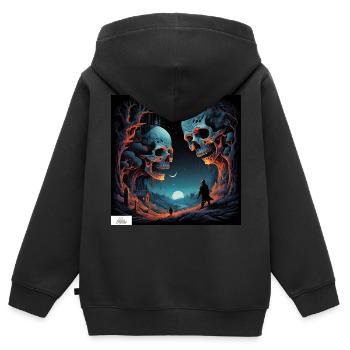 Crâne fantaisie paysage onirique - Sweat Premium à capuche zippé enfant bio - noir - Dos - AI Model Kid Male (0cm)
